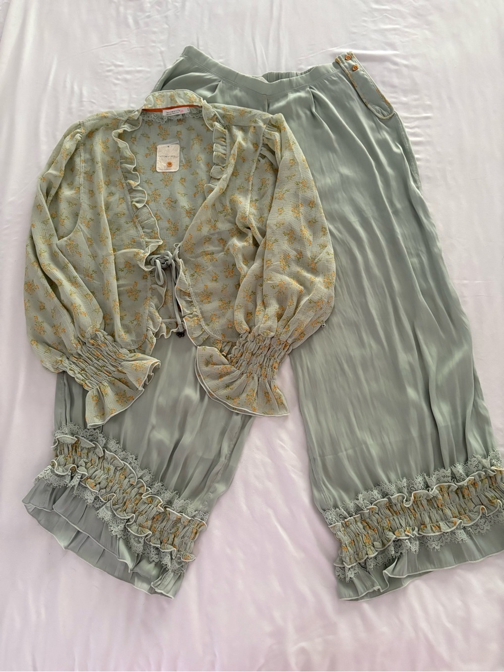 NWT Intimately by Free People Sea Foam Combo Ruffle Two-Piece Lounge Set